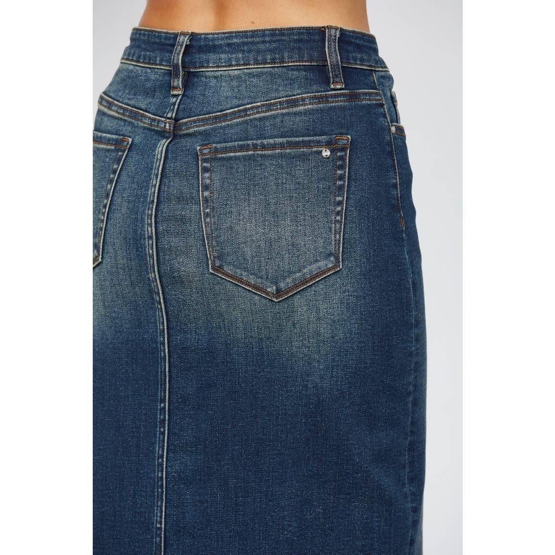 The Sloane Front Slit Denim Midi Skirt