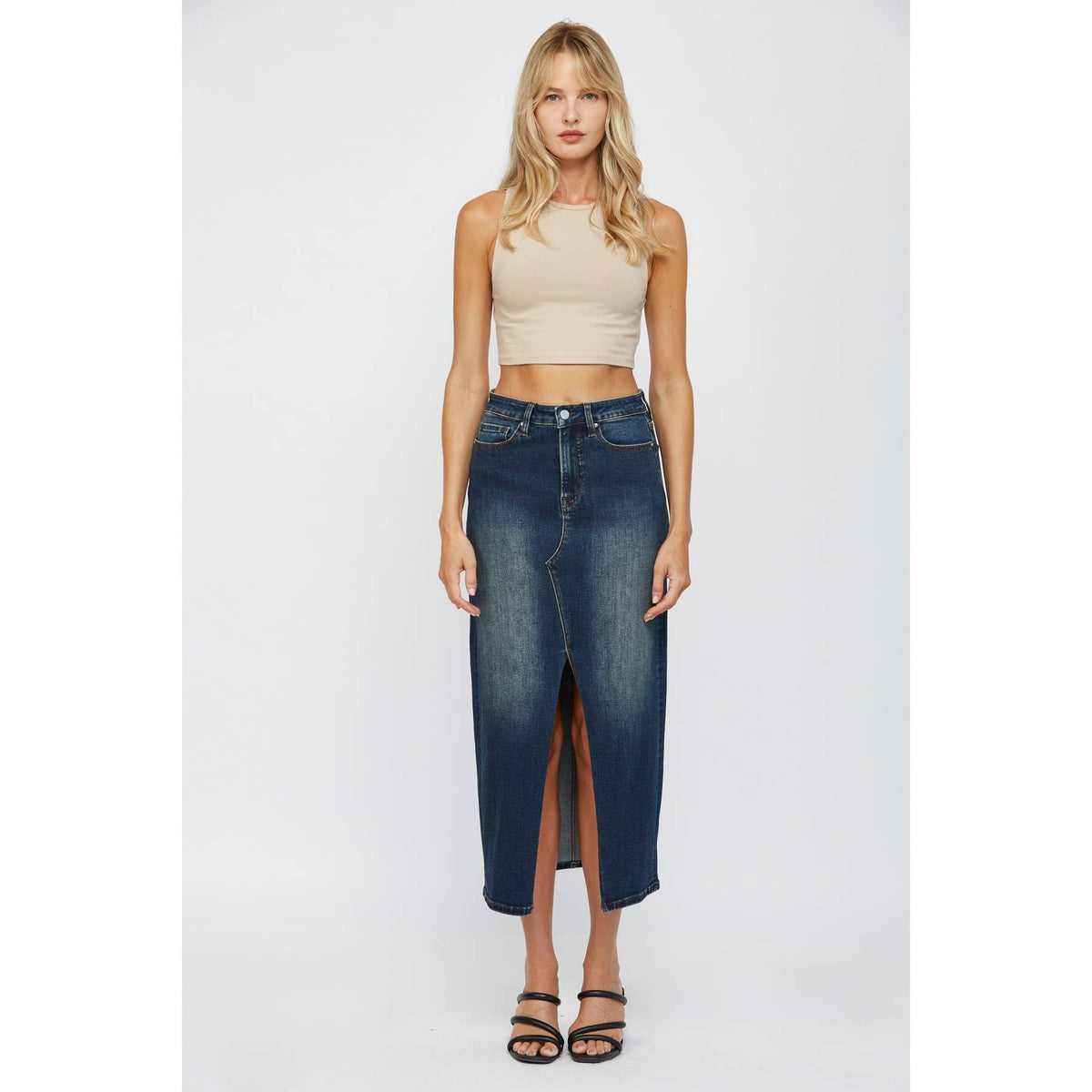 The Sloane Front Slit Denim Midi Skirt