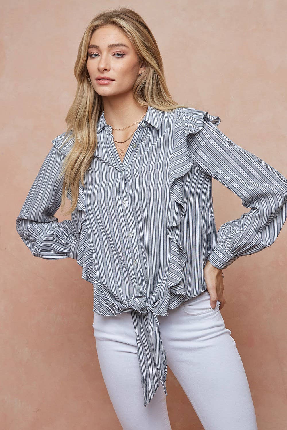 Striped Ruffle Tie Front Blouse