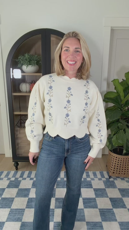 Ivory Floral Embroidered Scallop Hem Sweater